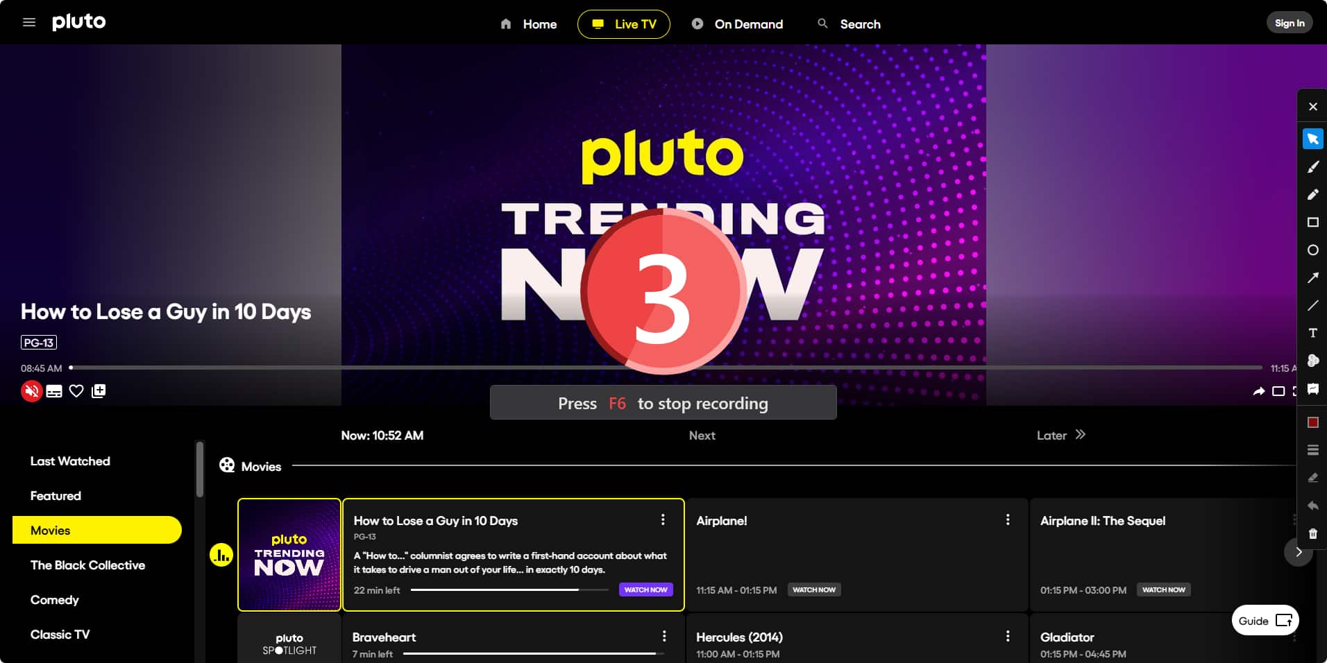 Pluto TV homepage with a three second video recording countdown overlay and a sidebar with screen recording annotation tools.