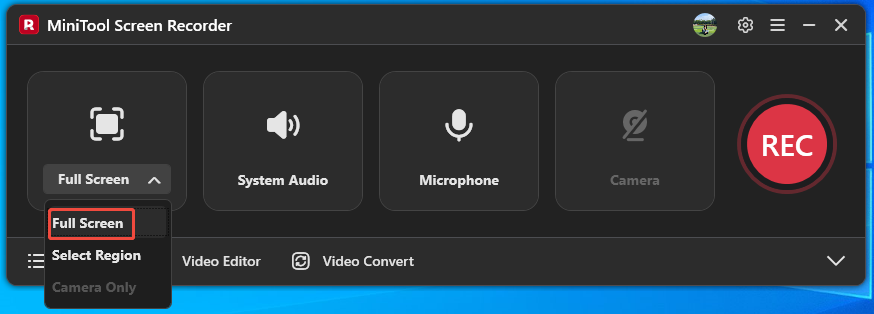 MiniTool Screen Recorder interface with the Full Screen option selected.