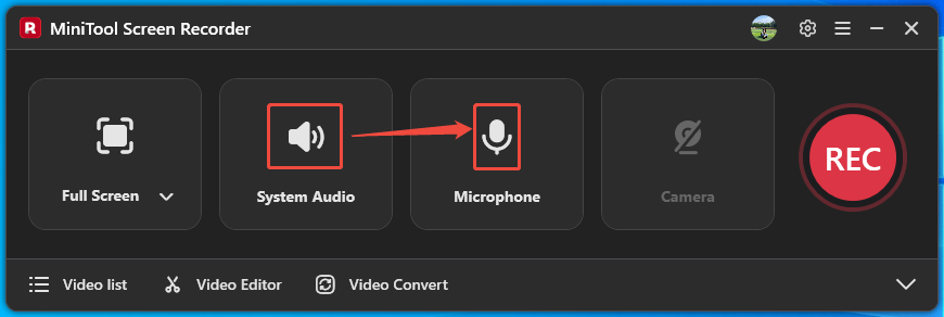 MiniTool Screen Recorder interface with the System Audio icon and the Microphone icon selected.