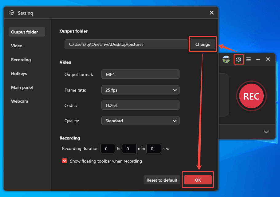 MiniTool Screen Recorder Setting window with the Change button and the OK button selected.
