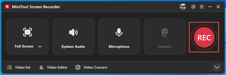 MiniTool Screen Recorder interface with the REC button selected.