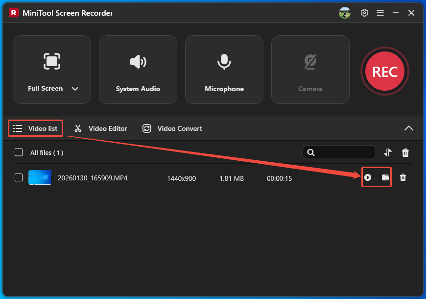 MiniTool Screen Recorder Video list tab with the Play icon and the Folder icon selected.