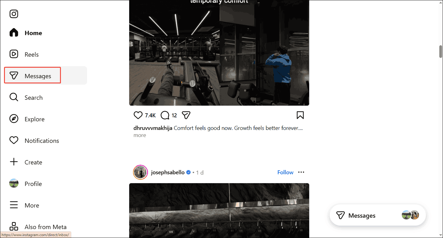 Instagram interface with the Messages tab selected.