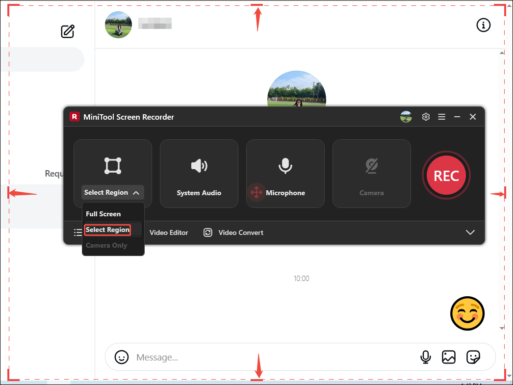 MiniTool Screen Recorder interface showing how to choose the recording region.