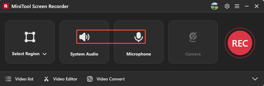 MiniTool Screen Recorder interface with the System icon and the Microphone icon selected.