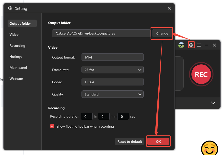 MiniTool Screen Recorder Setting window showing how to set a storage location.