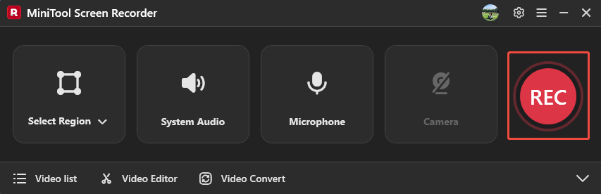 MiniTool Screen Recorder interface with the REC button selected.