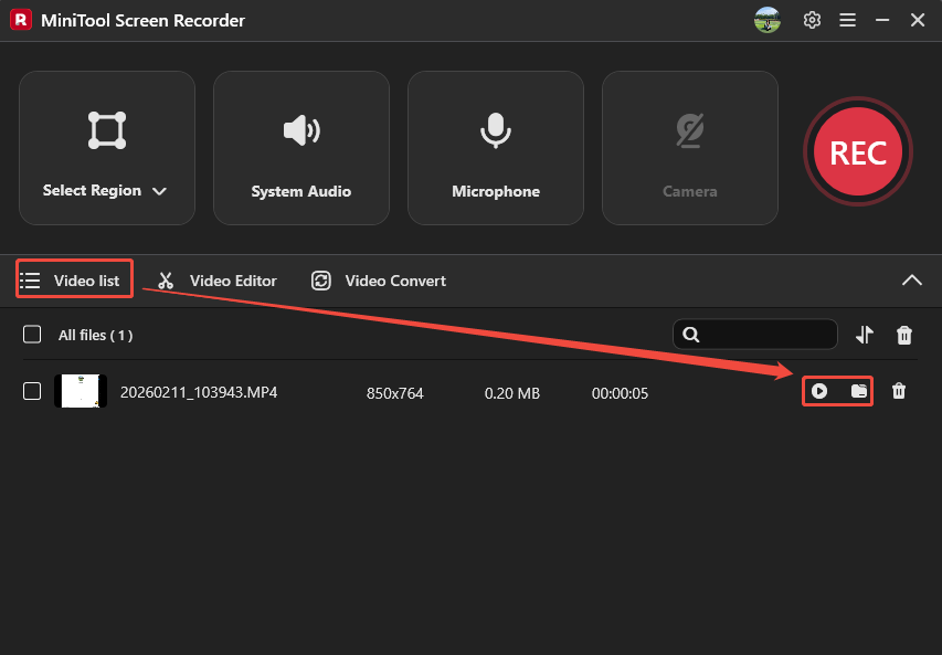 MiniTool Screen Recorder Video list tab with the Play icon and the Folder icon selected.
