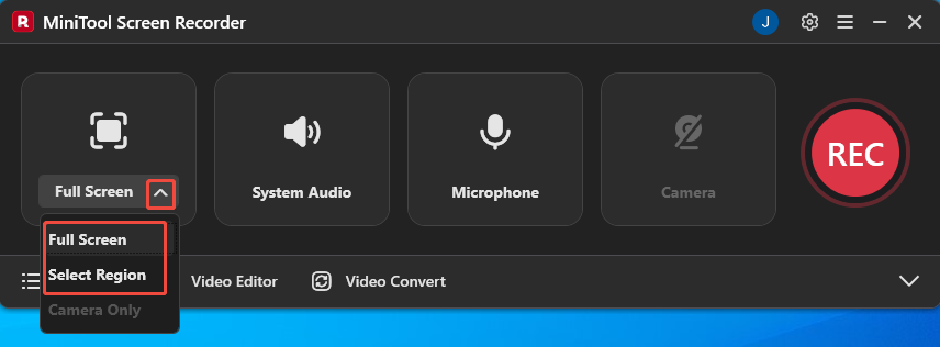 MiniTool Screen Recorder interface with the recording area selection expanded.