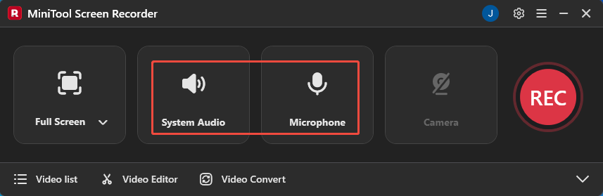 MiniTool Screen Recorder interface with the System Audio icon and the Microphone icon selected.