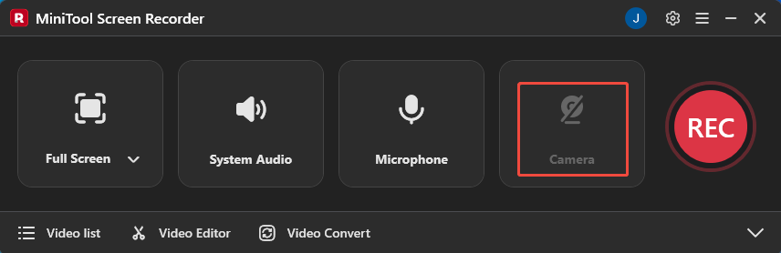 MiniTool Screen Recorder interface with the Camera icon selected.
