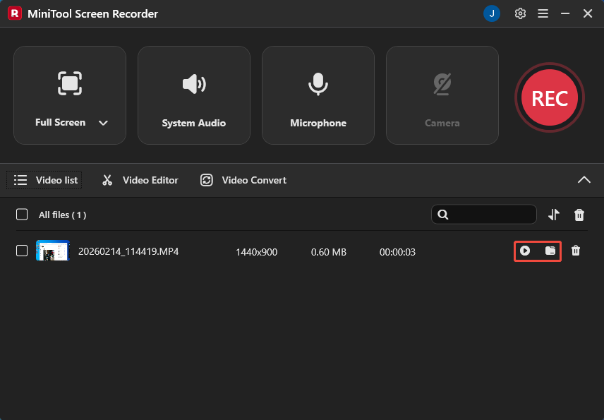 MiniTool Screen Recorder interface with the play icon and the folder icon selected under the Video list module.
