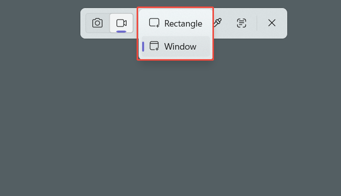 Snipping Tool interface with the recording area selection expanded.