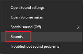 Right-click menu of the Windows taskbar speaker icon with Sounds highlighted.