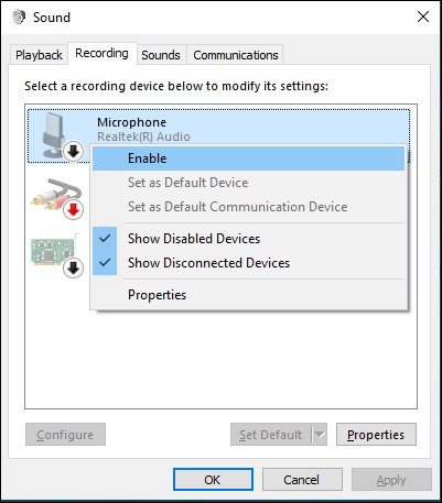 Enable the Microphone in the Recording tab of the Sound window.