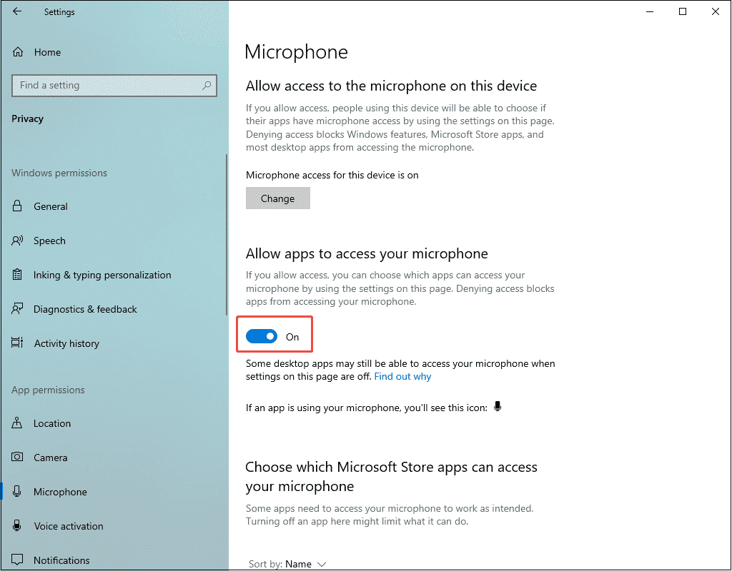 Windows Privacy page with the Allow apps to access your microphone option turned on.
