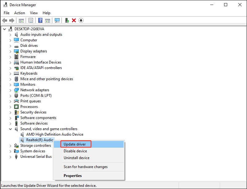 Device Manager showing the audio device right-click menu with Update driver selected.