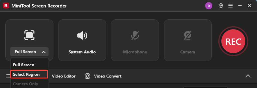 MiniTool Screen Recorder interface highlighting the Select Region option from the Full Screen option.