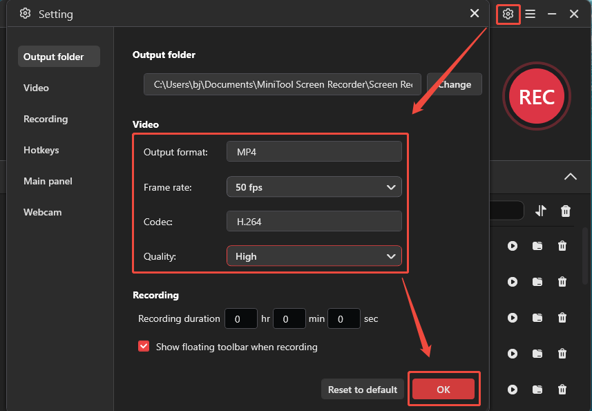 MiniTool Screen Recorder settings window with example settings for recording the screen with audio.