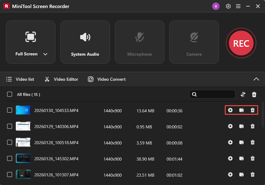 MiniTool Screen Recorder interface with the selected Play, Folder, and Delete icons.