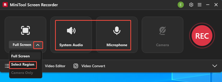 MiniTool Screen Recorder interface with the Select Region, System Audio, and Microphone icons selected.