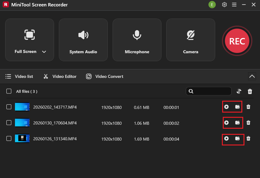 MiniTool Screen Recorder interface with the Play icons and the Folder icons selected to view or locate the output files.