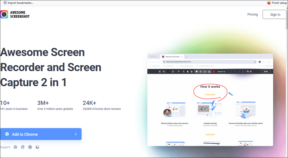 The website interface of the Awesome Screen Recorder & Screen Capture on Firefox.
