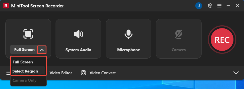 MiniTool Screen Recorder interface with the recording area selection expanded.