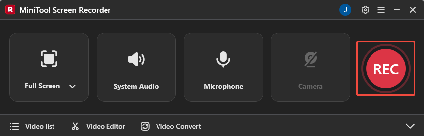 MiniTool Screen Recorder interface with the REC button selected.