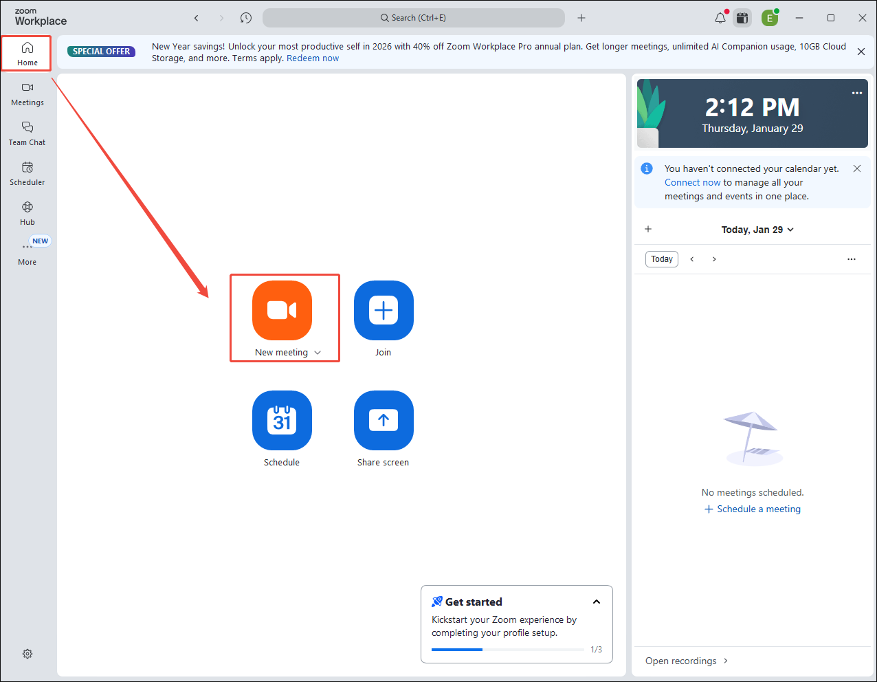 Zoom interface with the New Meeting option selected to activate the Zoom Meeting window.