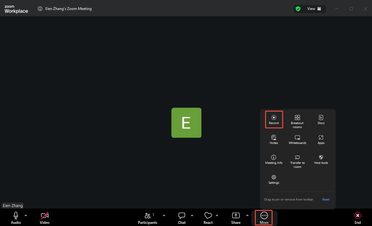 Zoom interface with the More option and the Record option selected.
