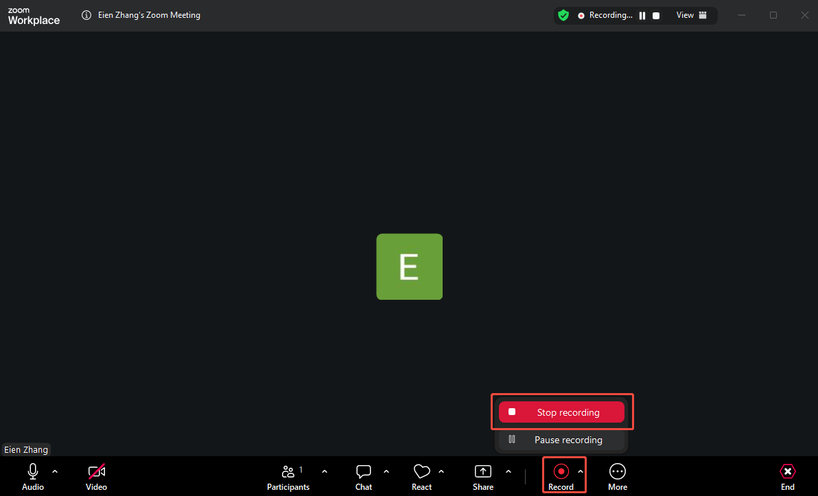Zoom interface with the Record option and Stop recording option selected.