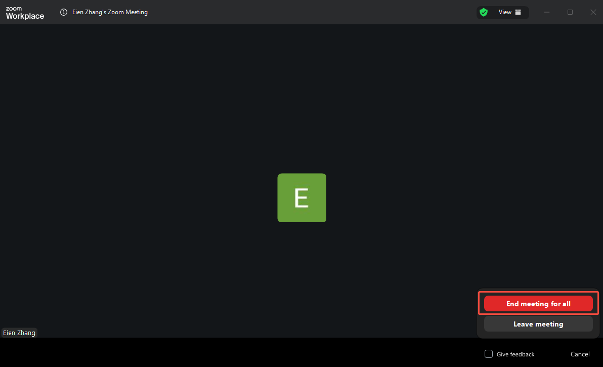 Zoom interface with the End meeting for all option selected.