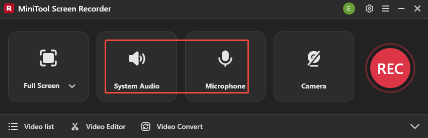 MiniTool Screen Recorder interface with the System Audio icon and the Microphone icon selected.