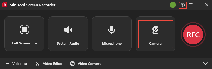 MiniTool Screen Recorder interface with the Camera and Settings icons selected.