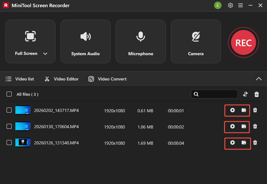 MiniTool Screen Recorder interface with the Play and Folder icons selected to view and locate the recording.
