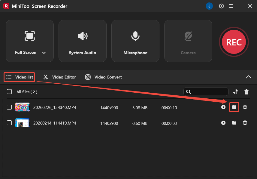 MiniTool Screen Recorder interface showing how to check the recorded gameplay.
