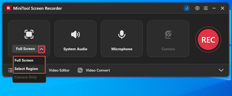 MiniTool Screen Recorder interface with the recording area selection expanded.