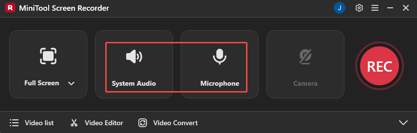 MiniTool Screen Recorder interface with the System Audio and Microphone icons selected.