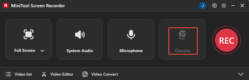 MiniTool Screen Recorder interface with the Camera icon selected.