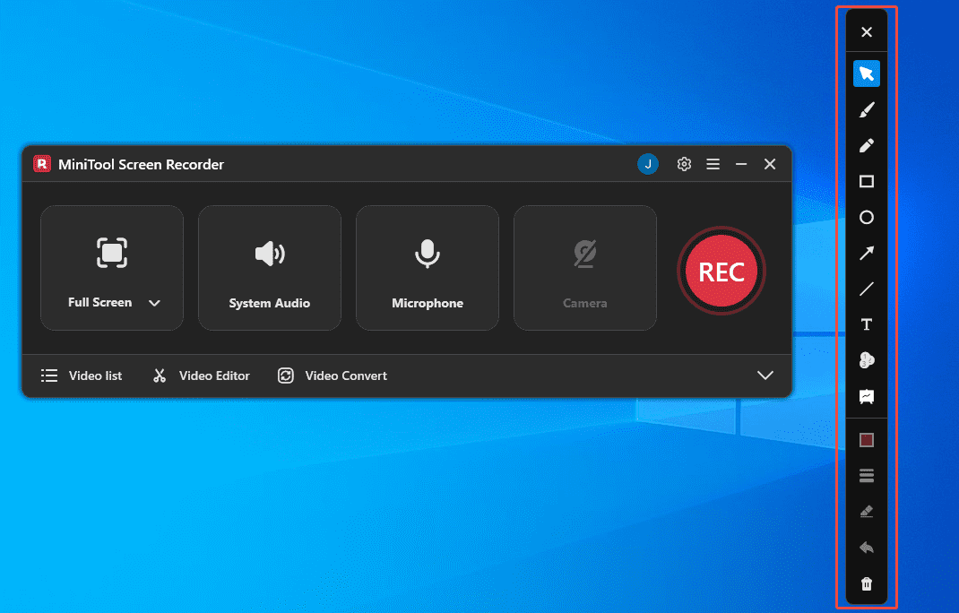 MiniTool Screen Recorder interface with the annotation toolbar selected.