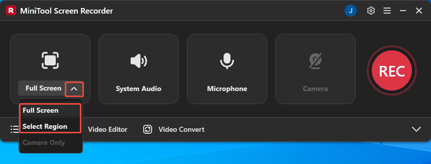 MiniTool Screen Recorder interface with the recording area selection expanded.