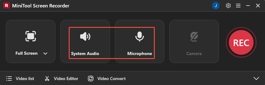 MiniTool Screen Recorder interface with the System Audio and Microphone icons selected.