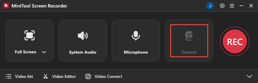 MiniTool Screen Recorder interface with the Camera icon selected.