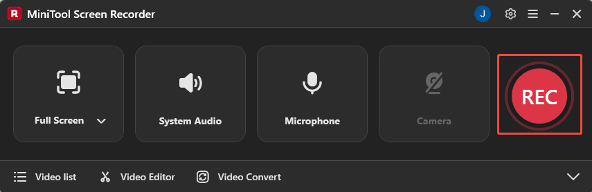 MiniTool Screen Recorder interface with the REC button selected.