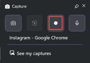 The Capture panel of the Xbox Game Bar with the Start recording icon selected.