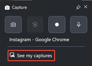 The Capture panel of the Xbox Game Bar with the See my captures option selected.