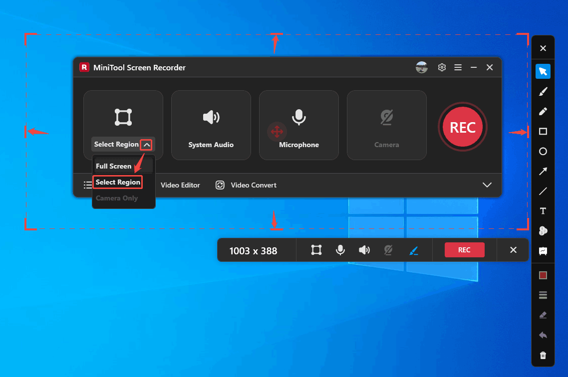 MiniTool Screen Recorder interface with the Select Region option and the red border marked.