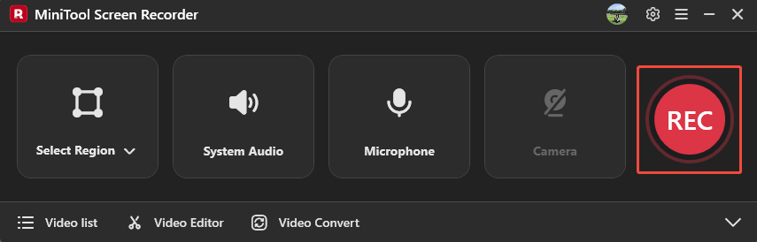 MiniTool Screen Recorder interface with the REC button selected.
