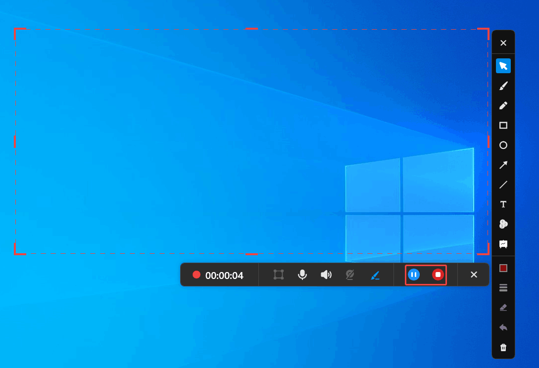MiniTool Screen Recorder floating toolbar with pause and stop button selected.